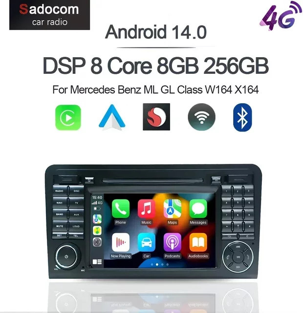Sadocom Android 14.0 Autoradio mit 7 Zoll Display, 8GB RAM, 128GB Speicher, Carplay, DSP, GPS und WIFI für Mercedes Benz M-Klasse W164 und GL-Klasse X164, Schwarz - Bild 1