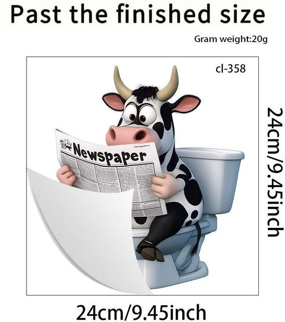 A Better Home 3D Wandaufkleber Lustige Kuh liest Zeitung für das Badezimmer, selbstklebend und wasserdicht, Mehrfarbig, B/H: 24 x 24 cm - Bild 1