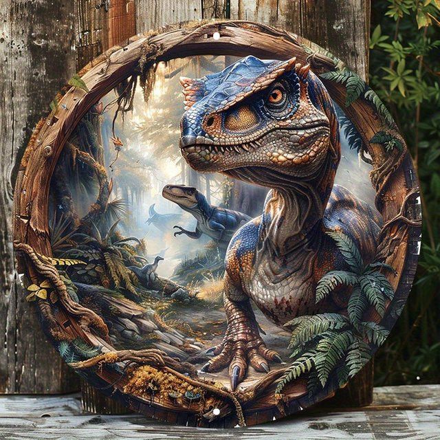 Potdemiel Velociraptor Wandkunst aus Aluminium, rundes Dinosaurier-Dekor für drinnen und draußen, Durchmesser: 20,32 cm - Bild 1