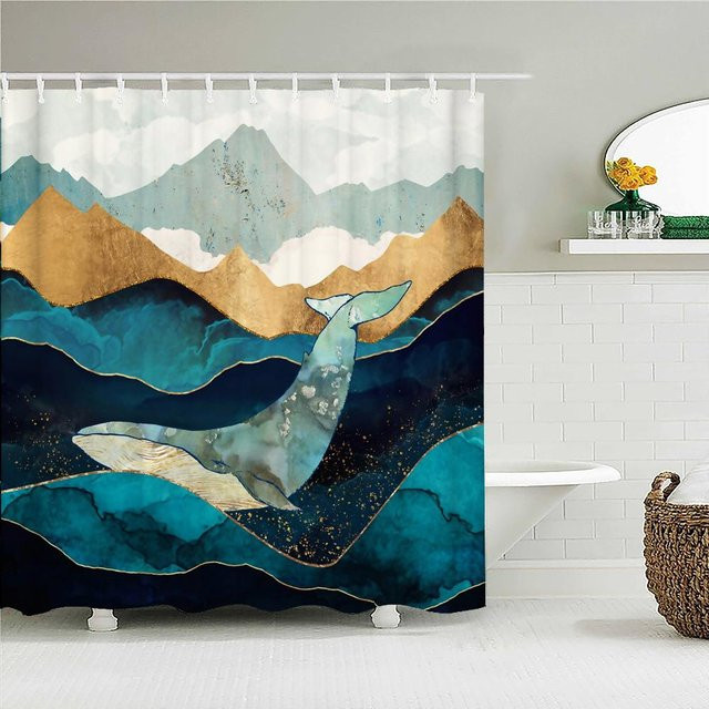 Wasserdichter Duschvorhang aus Polyestergewebe mit Samurai-Landschaft und Wellen-Design im japanischen Stil, Mehrfarbig, B: 240 cm, H: 180 cm - Bild 1