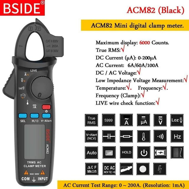 BSIDE Mini-Digitalzangenamperemeter ACM82 Multimeter in Schwarz mit Echter Effektivwert, NCV-Tester für Spannung, Strom, Widerstand, Temperatur, Kapazität und Frequenz - Bild 1