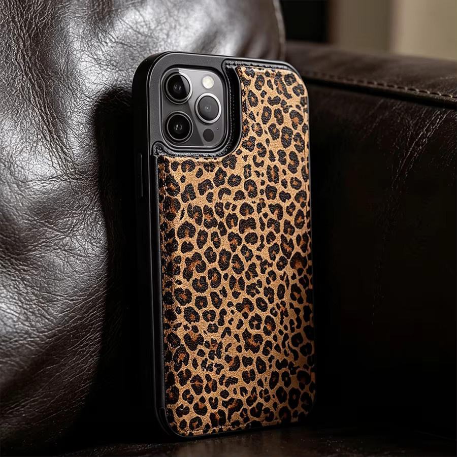 Elegante Handyhülle im Portemonnaie-Stil mit Leopardenmuster in Schwarz für iPhone 12 bis iPhone 17 Pro Max Modelle - Bild 2