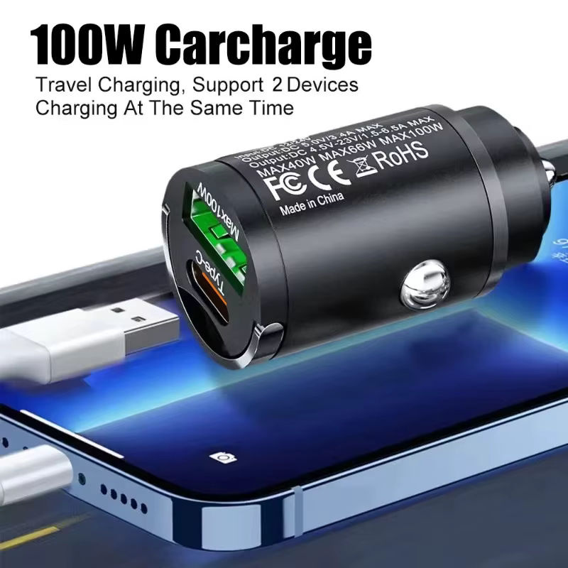 100W USB Auto Ladegerät mit Dual Ports und QC 3.0 sowie USB-C in Schwarz für iPhone, Samsung, Huawei und OnePlus - Bild 5