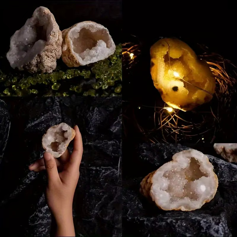 Marokkanisches Achatgeode-Ei aus rohem Stein, weißer Kristallcluster als Sammlerstück und Dekoration - Bild 2