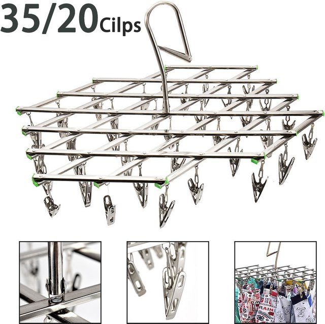Zusammenklappbarer Wäscheständer aus Edelstahl in Silber mit 35 Clips und drehbarem Haken für Unterwäsche und Socken - Bild 1