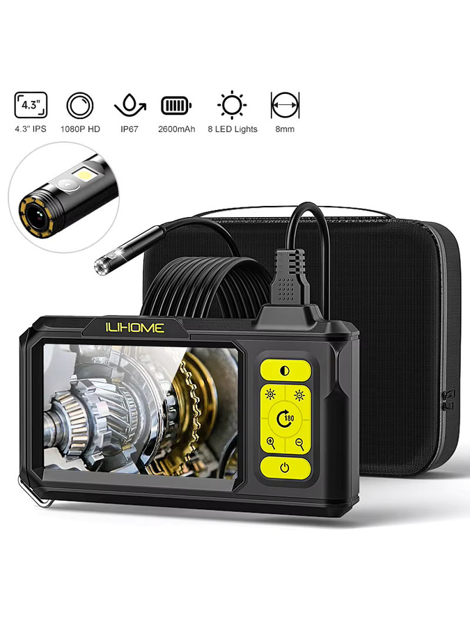 VISHRT Industrielles Endoskop mit zwei Objektiven, 4,3-Zoll-Bildschirm, HD1080P, 8 LEDs, wasserdichte Inspektionskamera für die Automobilindustrie, Schwarz - Bild 6