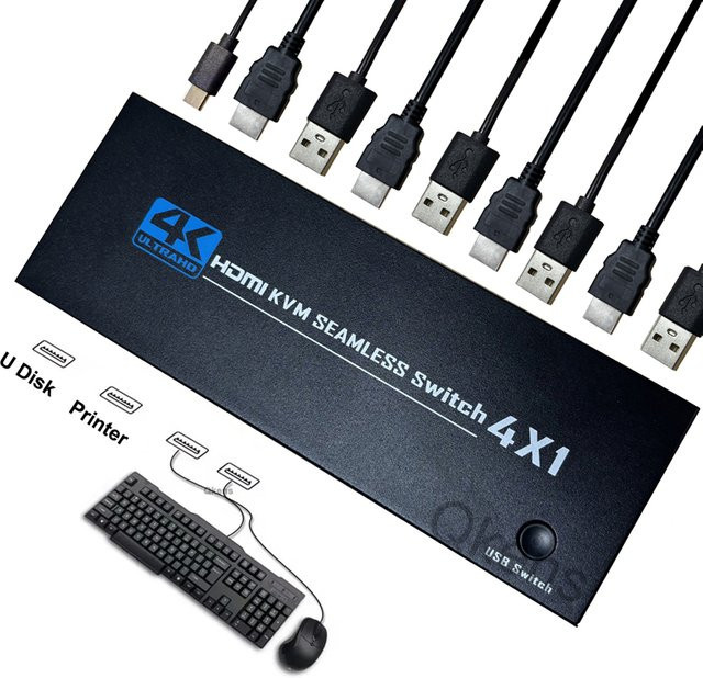 RULLZ 4 in 1 HDMI Multiviewer KVM Seamless Switch 4K UHD Quad Multi-Viewer für 4 Laptops oder PCs, Schwarz - Bild 1
