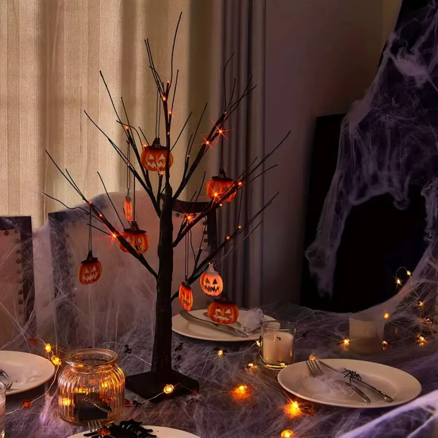 Peach Forest Halloween LED künstliche Birke mit 24 Lichtern in Orange und Lila, schwarze Zweige für die Tischdekoration - Bild 2
