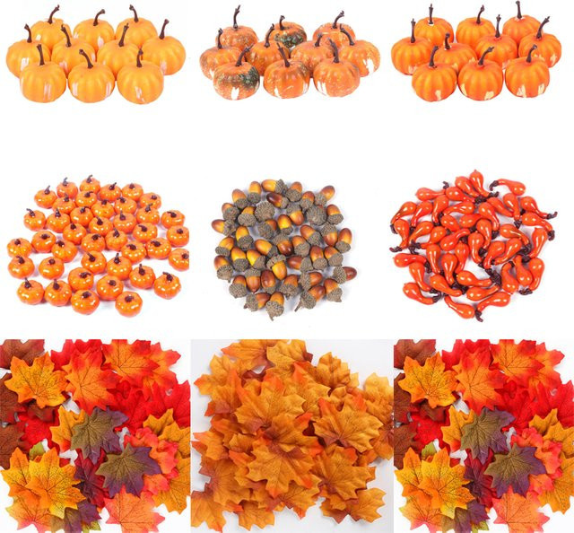 Dekorationsset von joy-enlife mit künstlichen Ahornblättern, Mini-Kürbissen, Tannenzapfen und Eicheln in Orange für Halloween, Thanksgiving und Herbstdeko - Bild 1