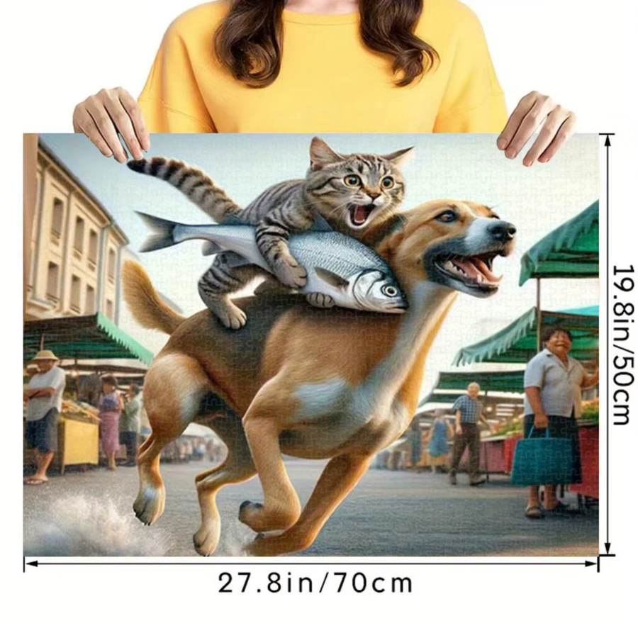 AZNM Puzzle, süßer Hund mit Katzen- und Fischmarktszene, 1.000 Teile - Bild 2