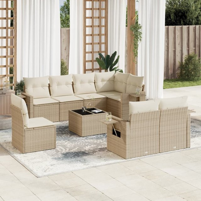 vidaXL 9-tlg. Garten-Sofagarnitur in L-Form aus Polyrattan mit Kissen, Beige - Bild 2