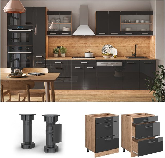 Vicco Küchenunterschrank R-Line mit Schubladen in Anthrazit und Eiche, Breite: 60 cm - Bild 1