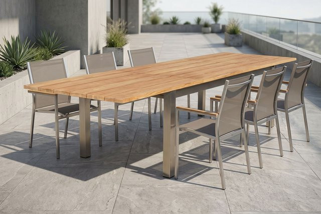 Stern Cardiff Garten-Essgruppe aus Edelstahl und Teakholz in Silber/Grau mit ausziehbarem Tisch und 6 Stapelsesseln, Tisch B: 220-340 cm, T: 100 cm - Bild 1