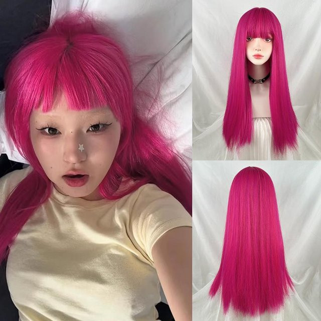 Synthetische Perücke mit Pony, Rosenrot, Lang, Gerade, Damen - Bild 1