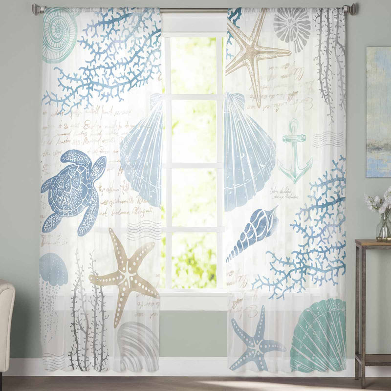 Transparente Tüll-Vorhänge Super Six mit maritimem Design in Blau, Breite: 135 cm, Höhe: 160 cm - Bild 4