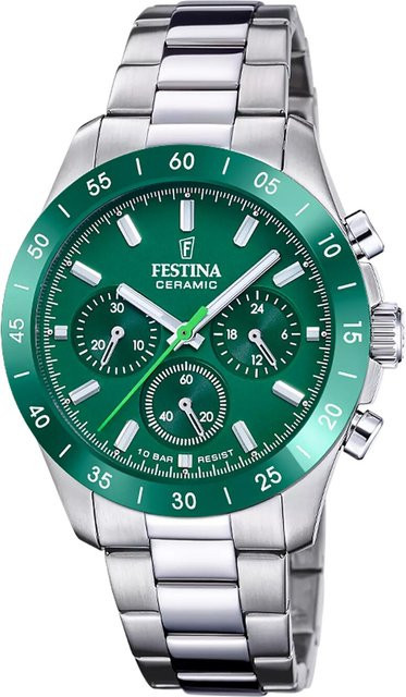 Festina Chronograph Damenuhr, Quarz, Edelstahl, Grün, 39 mm, 10 ATM - Bild 1