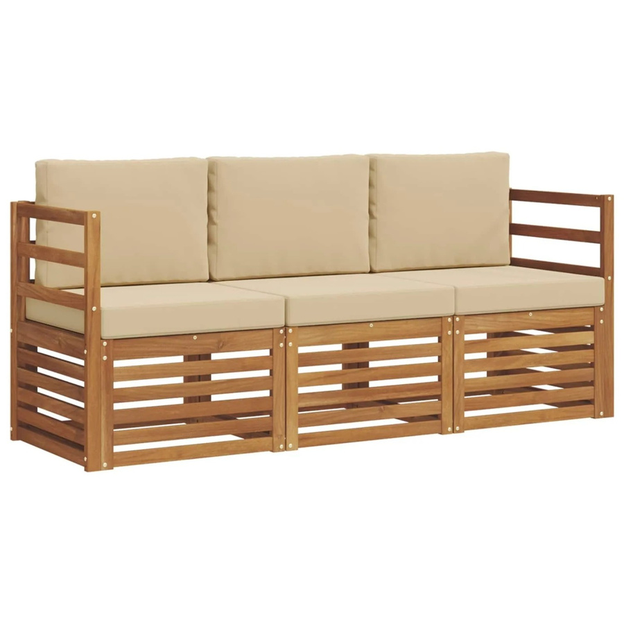 vidaXL Sofagarnitur 3-teilig aus Massivholz Akazie in Natur und Beige mit Sitz- und Rückenkissen im modernen Latten-Design - Bild 2