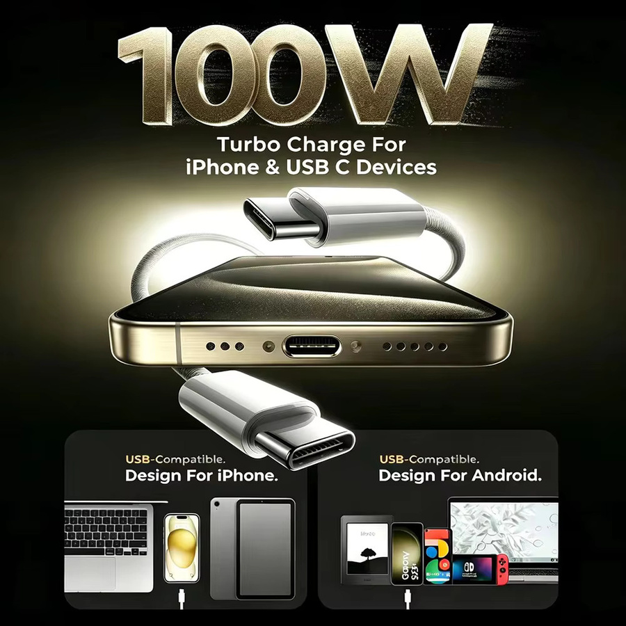 NNBILI Typ-C-zu-Typ-C-Datenkabel mit 100W Schnellladefunktion in Weiß für iPhone 15 16 17 Samsung und Xiaomi - Bild 2