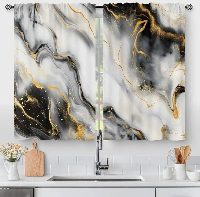 Yiran Furniture Vorhänge mit abstraktem Marmor Muster in Gold und Schwarz, 2er Set, Breite: 53 cm, Höhe: 116 cm - Bild 1