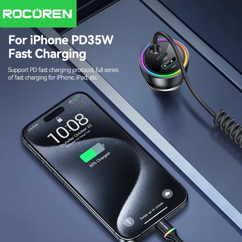 Rocoren 70W USB-Autoladegerät in Schwarz mit PD 35W USB-C Schnellladefunktion und Federladekabel für iPhone und Xiaomi - Bild 6