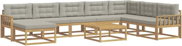 vidaXL Outdoor-Sofagarnitur aus massivem Akazienholz in L-Form, 9-teiliges Set in Weiß und Hellgrau mit UV-beständigen Polstern - Bild 1