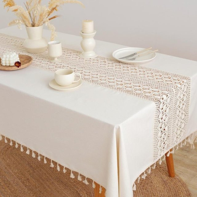 Beige Tischdecke aus Baumwolle und Leinen mit Hohlnähten, B/B: 90 x 90 cm - Bild 1