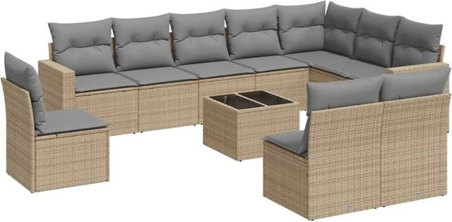 vidaXL 11-teilige Garten-Sofagarnitur aus Poly-Rattan mit Kissen in Beige-grau - Bild 1