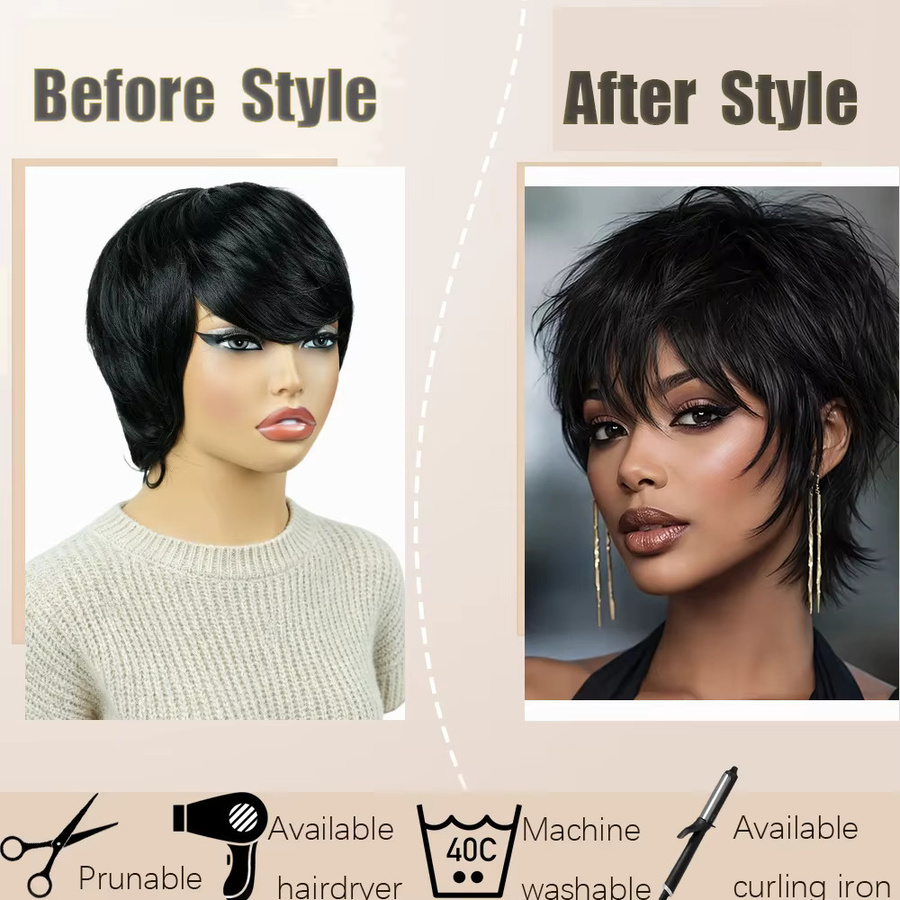 OYM HAIR Pixie-Cut-Echthaarperücke für Damen, schwarz, mit Pony - Bild 3