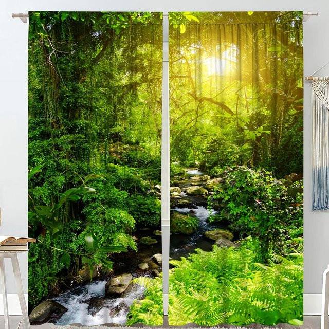 2er-Set Vorhang mit Waldlandschaft und Wasserfall Motiv, halbtransparent, grün, Breite: 65 cm, Höhe: 60 cm - Bild 1