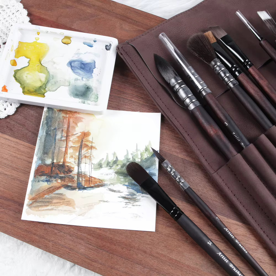 SeamiArt Künstler-Malpinsel Set aus 10 Stück mit Nylonhaar, Holzgriff und brauner Leder-Aufbewahrungstasche für Aquarellmalerei - Bild 4