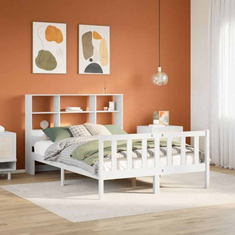 Massivholzbett Vidaxl aus Kiefer mit Regal in Weiß, B/T/H: 160 x 200 cm - Bild 1