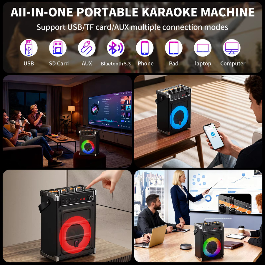 FanFun Karaoke-Maschine in Schwarz mit 2 UHF-Funkmikrofonen, Bluetooth-Lautsprecher mit Bass- und Höhenregelung sowie LED-Licht und PA-System - Bild 6