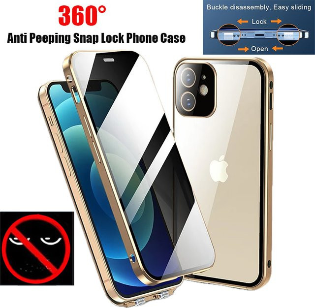 Magnetische iPhone 16 Schutzhülle aus Metall mit Anti-Peeping-Funktion und doppelseitigem Glas in Gold - Bild 1
