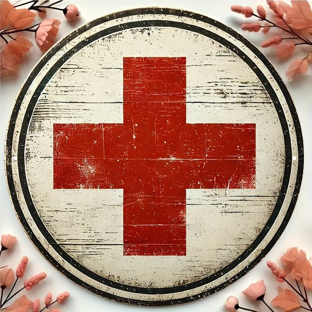 CIFBUY Vintage Medizinisches Rotes Kreuz Schild, Runde Metallplakette in Holzoptik, Rot, Durchmesser: 20,32 cm - Bild 1