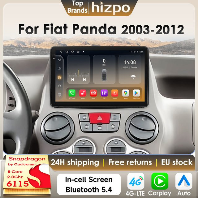 Hizpo Android 14 Autoradio für Fiat Panda 2003 - 2012 mit 8 Kernen, Snapdragon 6115, GPS, 4G, Carplay und 360 Kamera in Schwarz - Bild 1