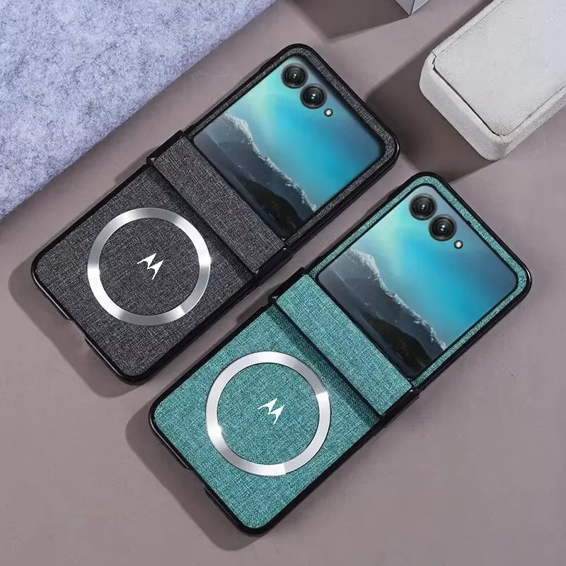 Luxuriöse Slim Magnet Hülle aus gewebtem Leder für Motorola Moto Razr mit Scharnierschutz in Blau - Bild 2