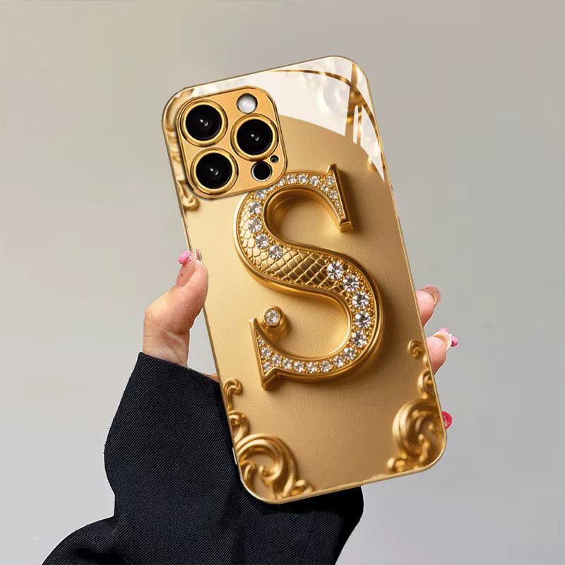Handyhülle aus Glas mit goldenem Buchstaben S Muster in Gold Metallic für iPhone 11 bis iPhone 17 Pro Max und Air Modelle - Bild 2