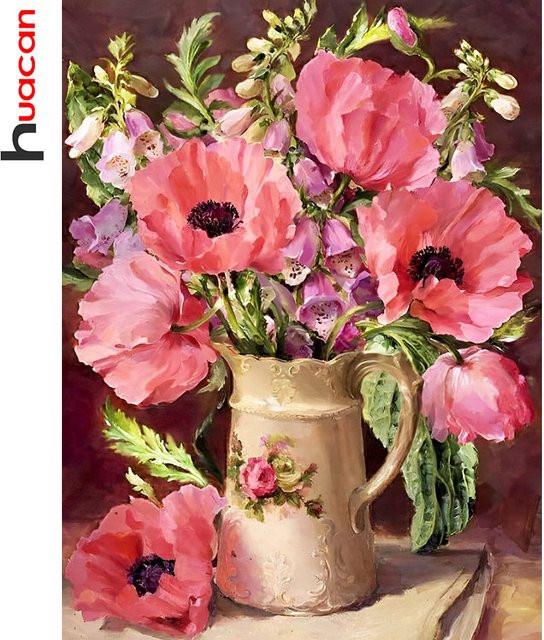 Huacan DIY Diamond Painting Set Floral Rose in Pink, Vintage Stil, Rund, Durchmesser: 30 cm - Bild 1