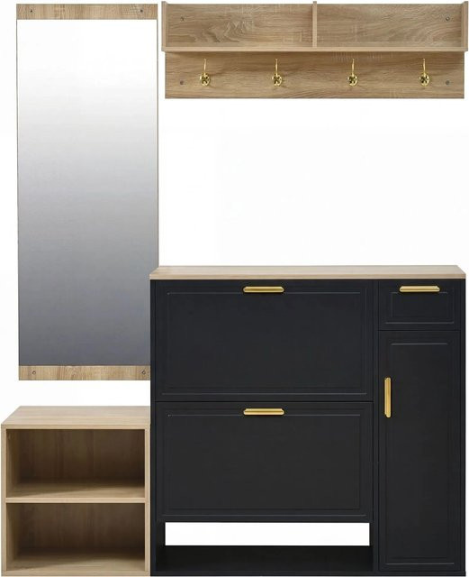 Merax Garderoben Set modern in Schwarz mit Schuhschrank und Spiegel, B/T/H: 139,5 x 35 x 166 cm - Bild 1