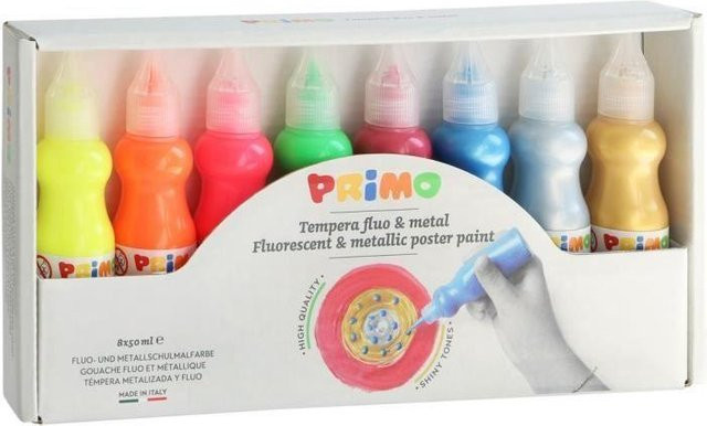 PRIMO 2532FM8 Premium Gouachefarbe Set mit 8 Farben inklusive 4 Fluoreszierende Farben und 4 Metallicfarben in der Flasche mit Ausgießer, Multicolour - Bild 1