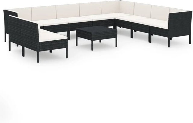 vidaXL 11-tlg Garten-Lounge-Set in U-Form mit Auflagen und Couchtisch, Poly Rattan und Metall, Schwarz und Weiß - Bild 1