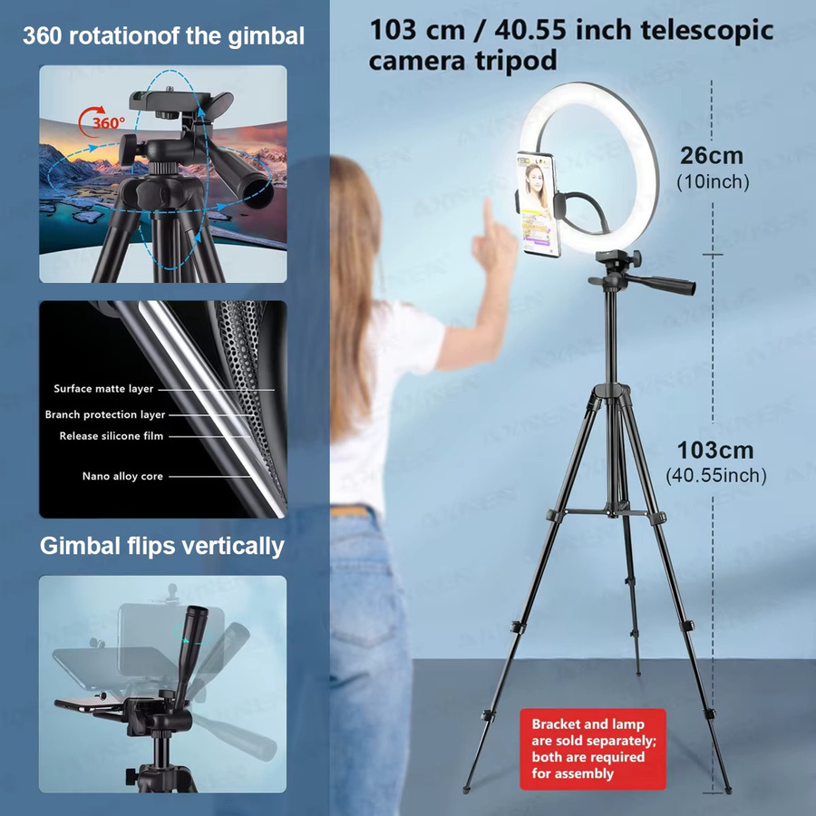 Axnen LED-Ringlicht mit Stativ und USB-Anschluss in Schwarz für Fotografie und Selfies - Bild 2
