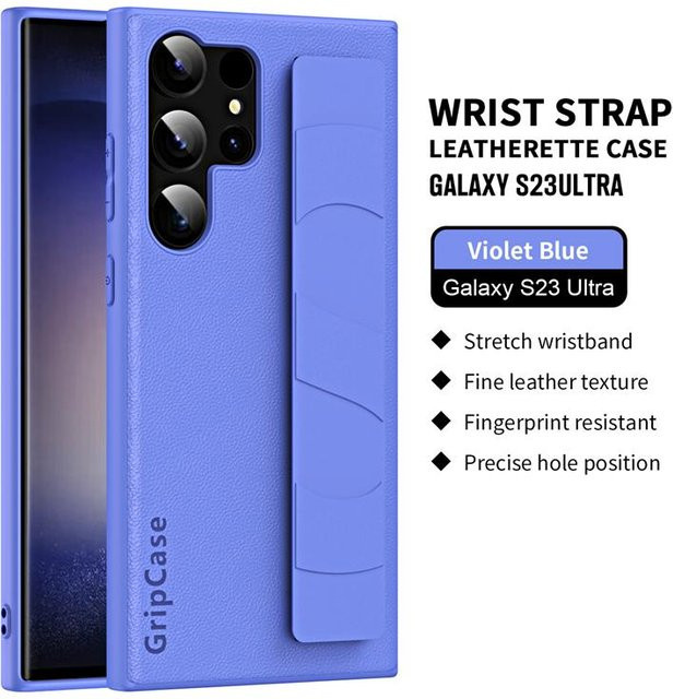 Stoßfeste Leder-Handyhülle mit Handgelenk-Band für Samsung Galaxy S22, S23 und S23 Ultra Plus in Lila - Bild 1