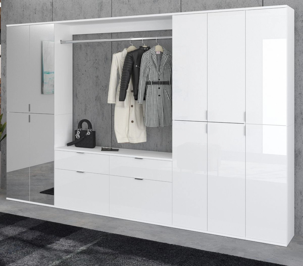 Inn.Furn Garderoben-Set SystemX in Weiß Hochglanz, 5-teilig mit Spiegel und Stauraum, B: 273 cm, H: 193 cm - Bild 2