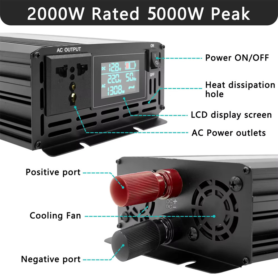 CHANTOWER Wechselrichter 5000 W Reine Sinus Welle DC 12 V/24 V zu AC 110 V/220 V 50/60 Hz Schwarz - Bild 3