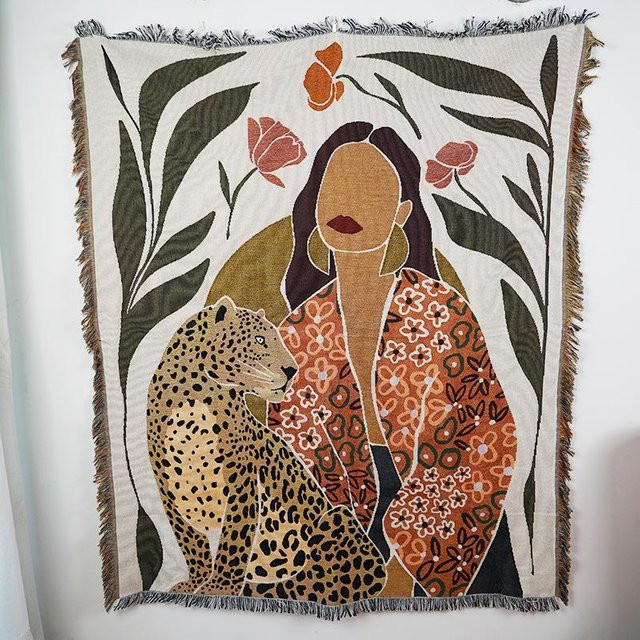 Nordischer Illustrations-Wandteppich als Fadendecke und Sofaüberwurf in Multicolour, B/B: 130 x 160 cm - Bild 1