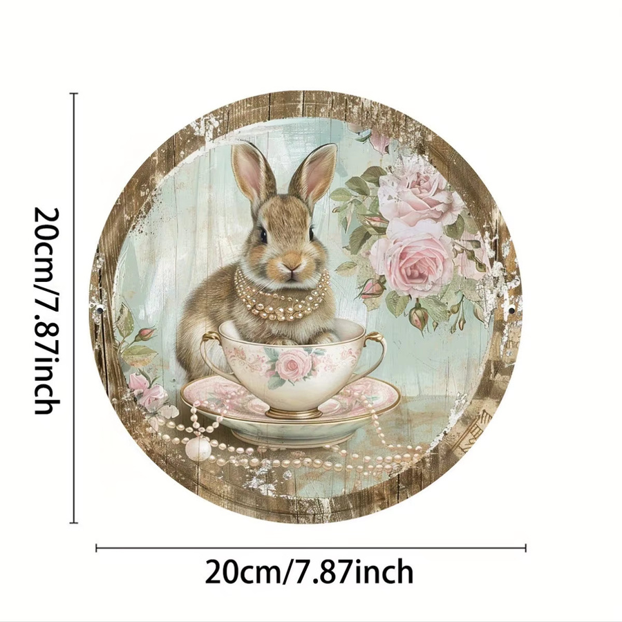 Potdemiel Vintage Wandkunst aus Metall mit Kaninchen und Blumenmuster, rund, Mehrfarbig, Durchmesser: 20,3 cm - Bild 2