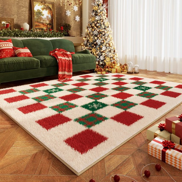 VIKAMA Weihnachts-Wohnzimmerteppich mit Rautenmuster in Rot und Grün für Wohnzimmer und Schlafzimmer - Bild 1