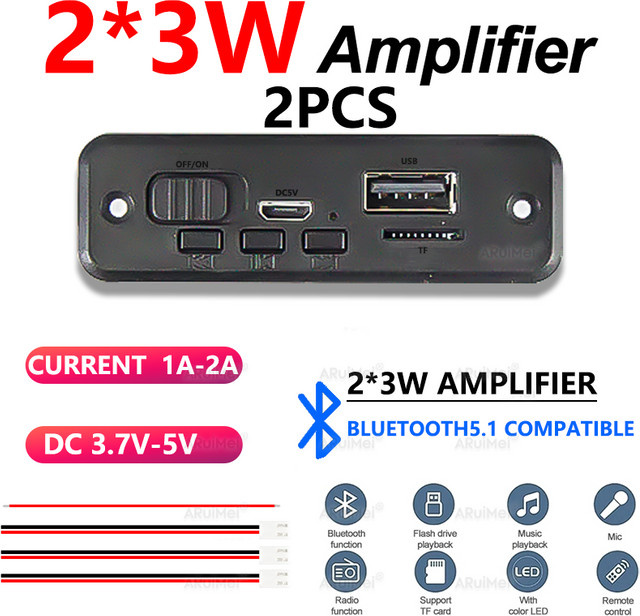 ARuiMei 2er-Set Bluetooth 5.0 Mini-Verstärkerplatine mit schwarzem Gehäuse, 2x3W, USB-C-Anschluss, für FiiO-Player und tragbare Lautsprecher, DC 3,7-5V - Bild 1