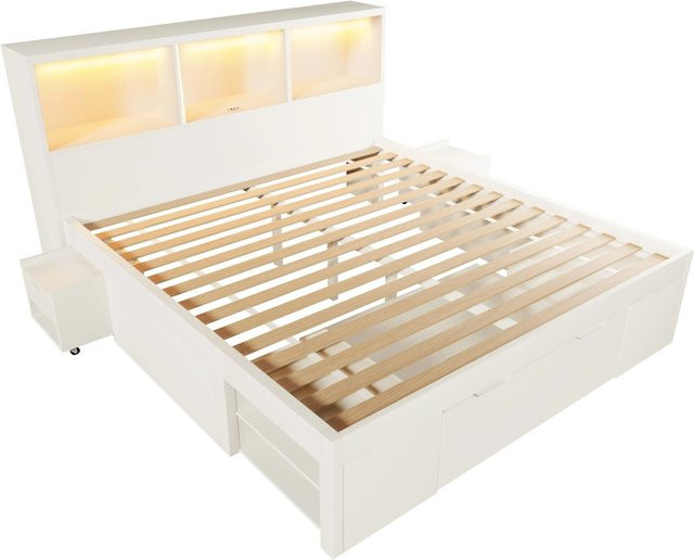 Merax Bett mit LED-Unterbettbeleuchtung, USB-Ladeport und Stauraum in Weiß, B/T/H: 140 x 200 x 100 cm - Bild 1